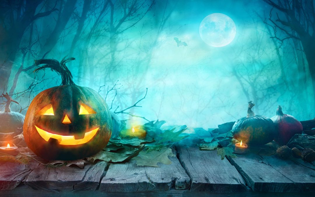 Halloween,Pumpkins,On,Wood.,Halloween,Background,At,Night,Forest,With Bidtellect