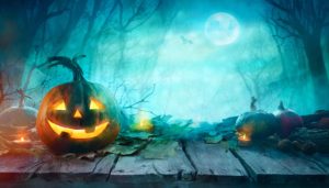 Halloween,Pumpkins,On,Wood.,Halloween,Background,At,Night,Forest,With Bidtellect
