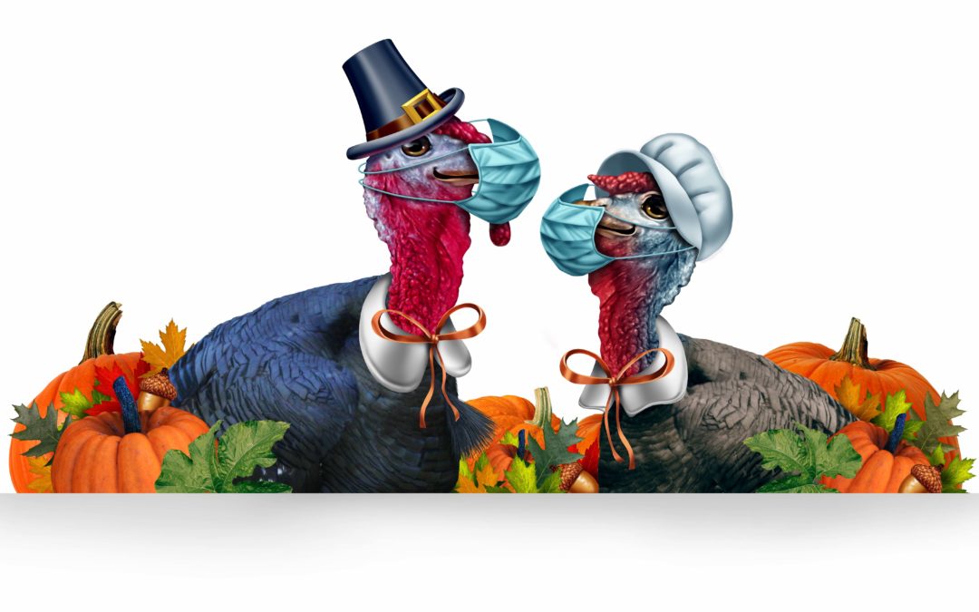 two thanksgiving turkeys with masks on